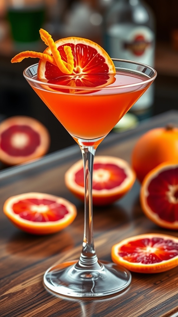 A Blood Orange Gin Martini in a glass, garnished with blood orange slice and peel, on a wooden bar top.